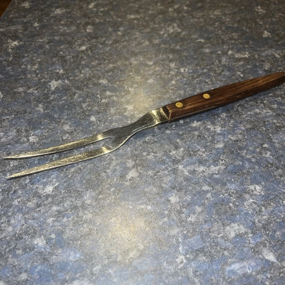 Vtg Stainless Steel St Regis Carving Meat Fork 2 Prong‎ Wooden Handle